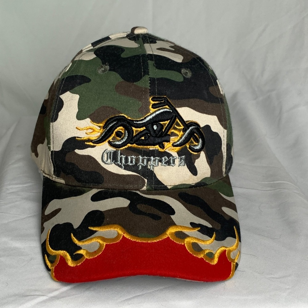Choppers Baseball‎ Cap Biker Hat Adjustable Camo Red Flames Embroidered Flaw